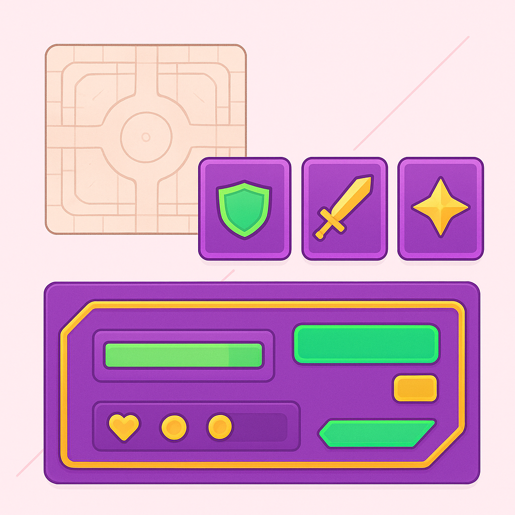Feature collage: arena topologies, emblem inventory, and HUD snippets