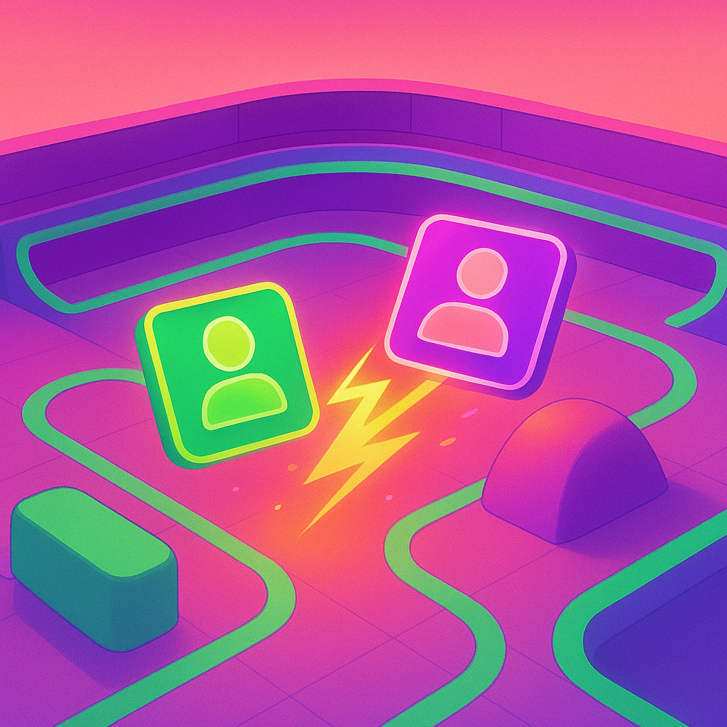 Gallery: stylized arena view with neon accents and player badges